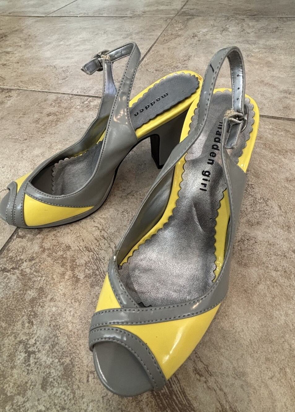 Madden Girl Slingback Heels Women’s Size 7 Yellow/Grey Kitten Heel